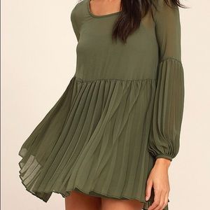 Olive green long sleeve sheer dress with slip